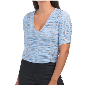 New Zara Blue Floral Rose Print Crop Top XS Ruched Tulle Ruffle Sleeve V-neck